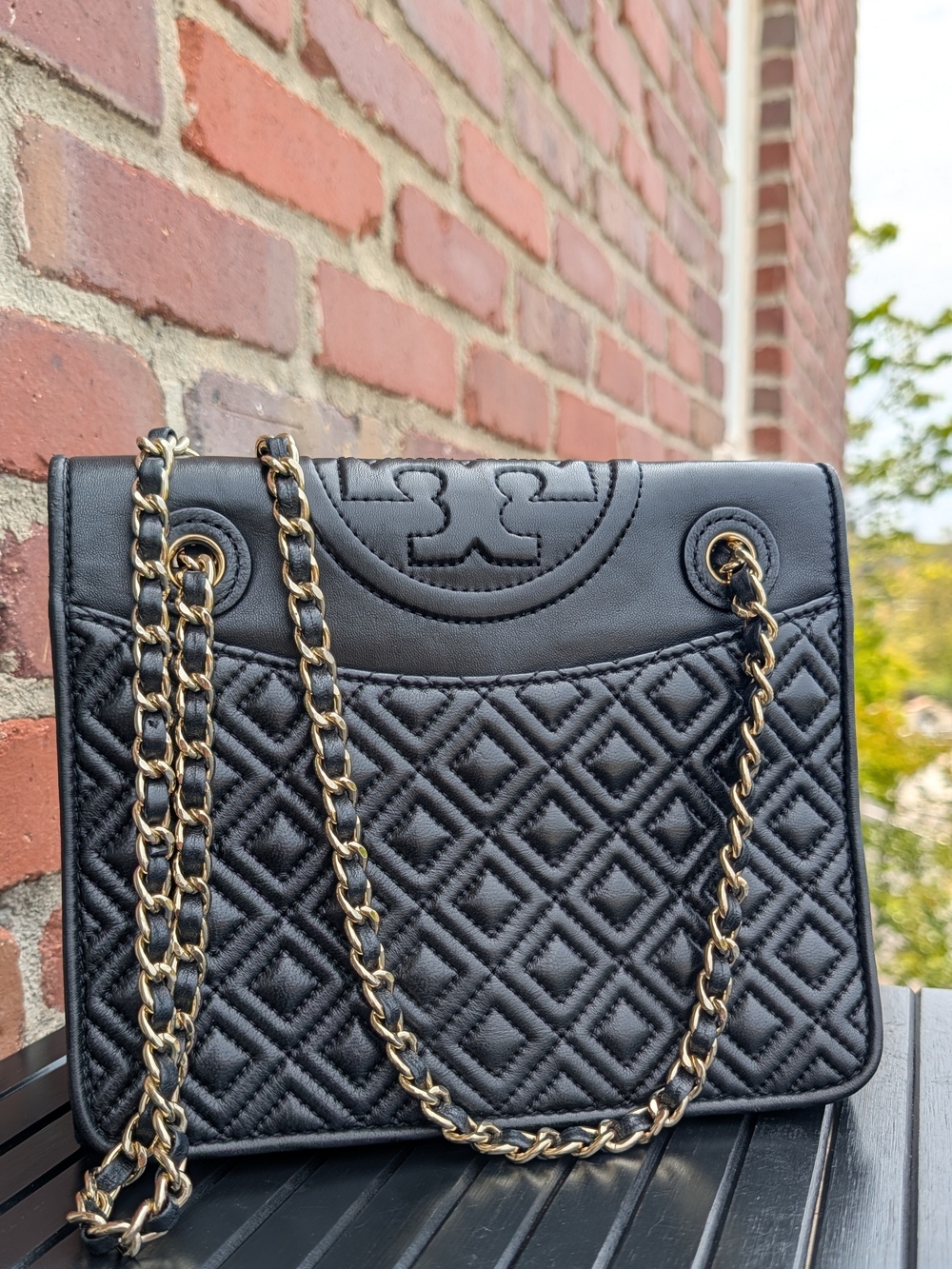 Tory Burch Fleming Quilted Leather Convertible Shoulder Bag Black Gold - Picture 2 of 12